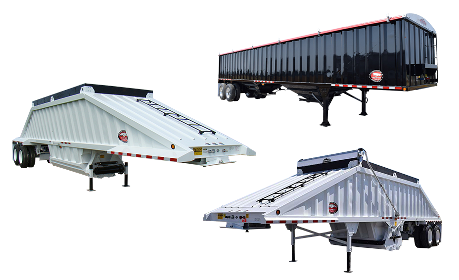 Collage of belly dump trailers from Construction Trailer Specialists